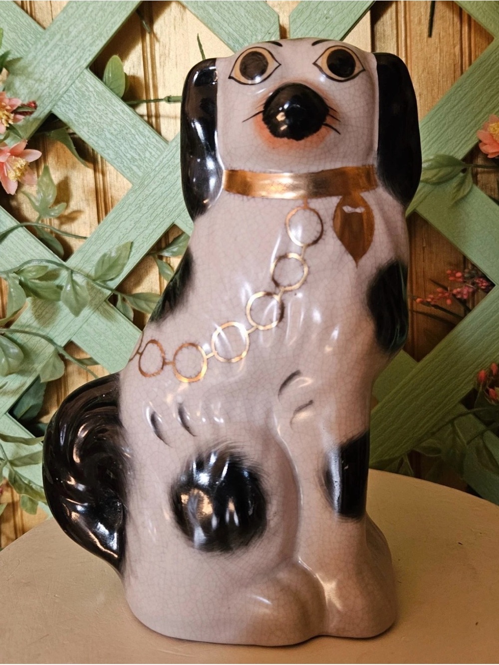 Vintage Staffordshire Ware dog Figurine 8.5 “ black white & gold firm price $65